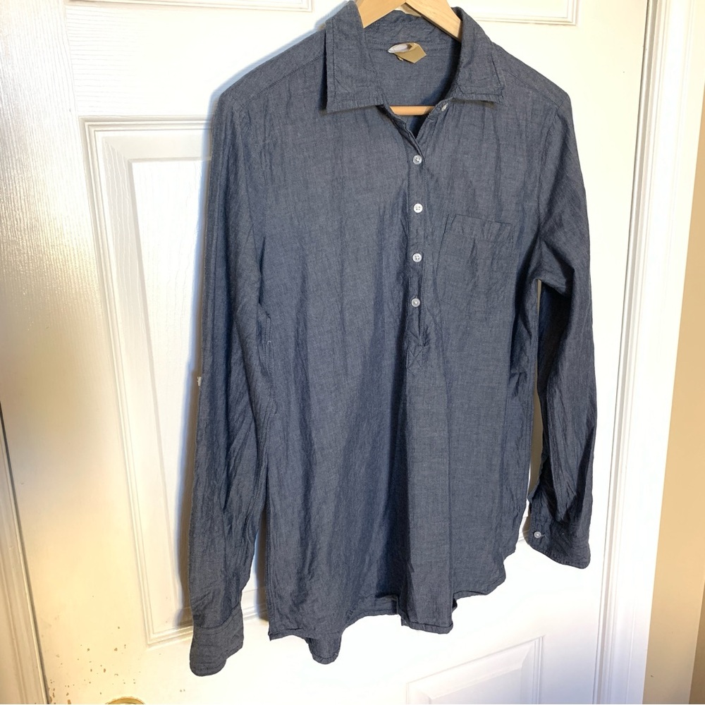Véro Navy Chambray Button Front Blouse Women’s Large Long Sleeve